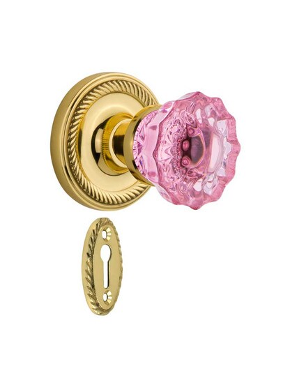 Rope Rosette Mortise Lock Set with Colored Fluted Crystal Glass Knobs Pink in Polished Brass.
